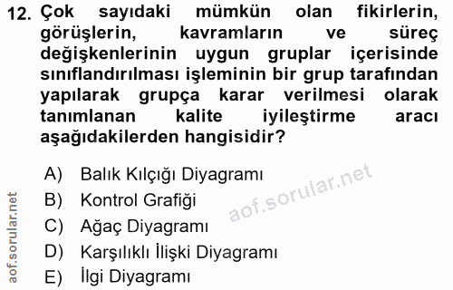 12. soru: Çok sayıdaki mümkün olan fikirlerin, görüşlerin, kavramların ve süreç değişkenlerinin uygun gruplar içerisinde sınıfl…
