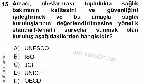 15. soru: Amacı, uluslararası toplulukta sağlık bakımının kalitesini ve güvenliğini iyileştirmek ve bu amaçla sağlık kuruluşlar…