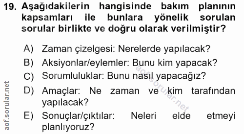 19. soru: Aşağıdakilerin hangisinde bakım planının kapsamları ile bunlara yönelik sorulan sorular birlikte ve doğru olarak veri…