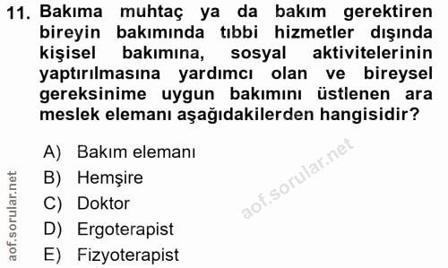 11. soru: Bakıma muhtaç ya da bakım gerektiren bireyin bakımında tıbbi hizmetler dışında kişisel bakımına, sosyal aktivitelerin…