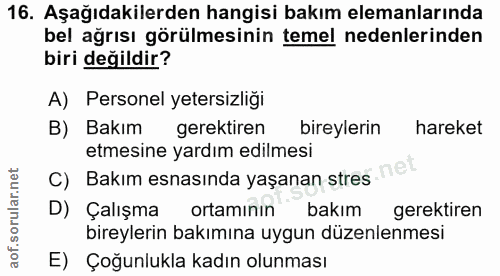 16. soru: Aşağıdakilerden hangisi bakım elemanlarında bel ağrısı görülmesinin temel nedenlerinden biri değildir? A) Personel ye…