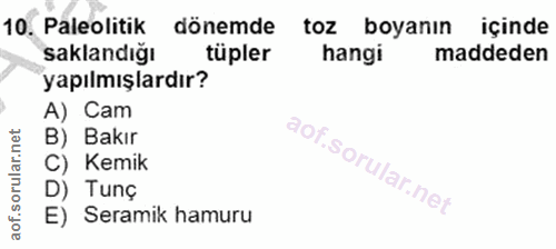 10. soru: Paleolitik dönemde toz boyanın içinde saklandığı tüpler hangi maddeden yapılmışlardır? A) Cam B) Bakır C) Kemik D) Tu…