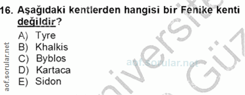 16. soru: Aşağıdaki kentlerden hangisi bir Fenike kenti değildir? A) Tyre B) Khalkis C) Byblos D) Kartaca E) Sidon