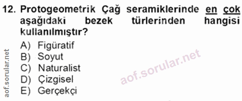 12. soru: Protogeometrik Çağ seramiklerinde en çok aşağıdaki bezek türlerinden hangisi kullanılmıştır? A) Figüratif B) Soyut C)…