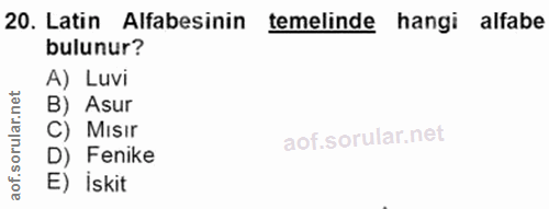 20. soru: Latin Alfabesinin temelinde hangi alfabe bulunur? A) Luvi B) Asur C) Mısır D) Fenike E) İskit
