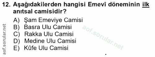12. soru: Aşağıdakilerden hangisi Emevî döneminin ilk anıtsal camisidir? A) Şam Emeviye Camisi B) Basra Ulu Camisi C) Rakka Ulu…