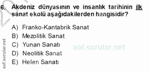 6. soru: Akdeniz dünyasının ve insanlık tarihinin ilk sanat ekolü aşağıdakilerden hangisidir? A) Franko-Kantabrik Sanat B) Mez…