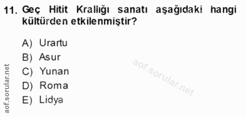11. soru: Geç Hitit Krallığı sanatı aşağıdaki hangi kültürden etkilenmiştir? A) Urartu B) Asur C) Yunan D) Roma aof. E) Lidya