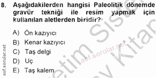 8. soru: Aşağıdakilerden hangisi Paleolitik dönemde gravür tekniği ile resim yapmak için kullanılan aletlerden biridir? A) Ön…