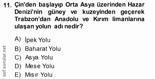 11. soru: Çin'den başlayıp Orta Asya üzerinden Hazar Denizi'nin güney ve kuzeyinden geçerek Trabzon'dan Anadolu ve Kırım limanl…