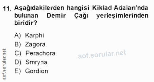 11. soru: Aşağıdakilerden hangişi Kiklad Adaları'nda bulunan Demir Çağı yerleşimlerinden biridir? A) Karphi B) Zagora C) Perach…