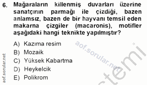 6. soru: Mağaraların killemiş duvarları üzerine sanatçının parmağı ile çizdiği, bazen anamsız, bazen de bir hayvanı temsil ede…