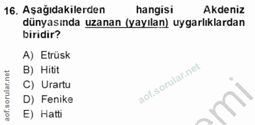 16. soru: Aşağıdakilerden hangisi Akdeniz dünyasında uzanan (yayılan) uygarlıklardan biridir? A) Etrüsk B) Hitit C) Urartu D) F…