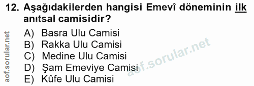 12. soru: Aşağıdakilerden hangisi Emevî döneminin ilk anıtsal camisidir? A) Basra Ulu Camisi B) Rakka Ulu Camisi D) Şam Emeviye…