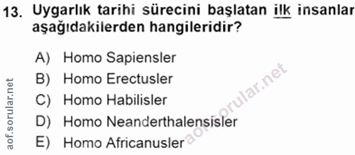 13. soru: Uygarlık tarihi sürecini başlatan ilk insanlar aşağıdakilerden hangileridir? A) Homo Sapiensler B) Homo Erectusler la…
