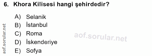 6. soru: Khora Kilisesi hangi şehirdedir? A) Selanik B) Istanbul C) Roma D) İskenderiye E) Sofya