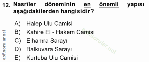 12. soru: Nasriler döneminin en önemli yapısı aşağıdakilerden hangisidir? A) Halep Ulu Camisi B) Kahire El - Hakem Camisi C) El…