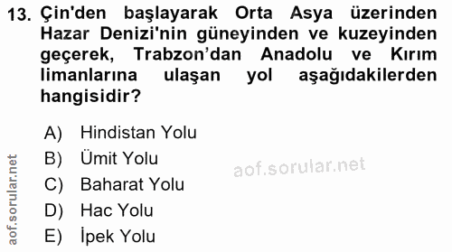 13. soru: Çin'den başlayarak Orta Asya üzerinden Hazar Denizi'nin güneyinden ve kuzeyinden geçerek, , Trabzon'dan Anadolu ve Kı…