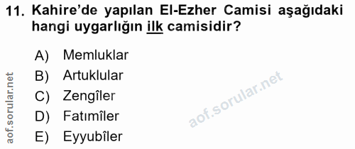 11. soru: Kahire'de yapılan El-Ezher Camisi aşağıdaki hangi uygarlığın ilk camisidir? A) Memluklar orular.net B) . Artuklular C…