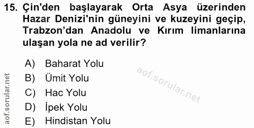 15. soru: Çin'den başlayarak Orta Asya üzerinden Hazar Denizi'nin güneyini ve kuzeyini geçip, Trabzon'dan Anadolu ve Kırım lima…