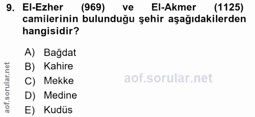 9. soru: EI-Ezher (969) ve El-Akmer (1125) camilerinin bulunduğu şehir aşağıdakilerden hangisidir? A) Bağdat rular.net B) Kahi…