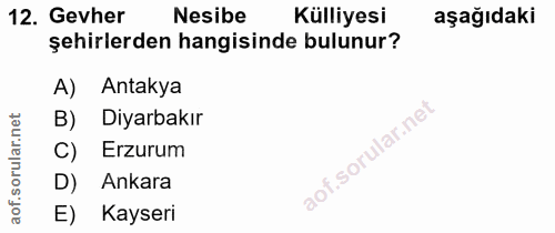 12. soru: Gevher Nesibe Külliyesi aşağıdaki şehirlerden hangisinde bulunur? A) Antakya B) Diyarbakır C) Erzurum D) Ankara E) Ka…
