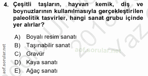 4. soru: Çeşitli taşların, hayvan kemik, diş ve boynuzlarının kullanılmasıyla gerçekleştirilen paleolitik tasvirler, hangi san…