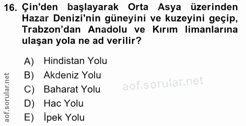 16. soru: Çin'den başlayarak Orta Asya üzerinden Hazar Denizi'nin güneyini ve kuzeyini geçip, Trabzon'dan Anadolu ve Kırım lima…