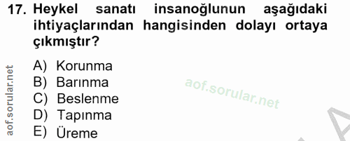17. soru: Heykel sanatı insanoğlunun aşağıdaki ihtiyaçlarından hangisinden dolayı ortaya çıkmıştır? A) Korunma B) Barınma C) Be…