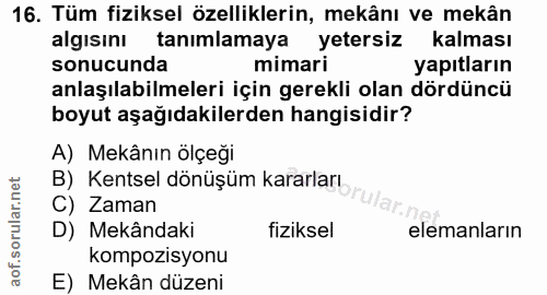 16. soru: Tüm fiziksel özelliklerin, mekânı ve mekân algısını tanımlamaya yetersiz kalması sonucunda mimari yapıtların anlaşıla…