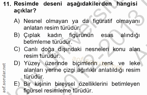 11. soru: Resimde deseni aşağıdakilerden hangisi açıklar? A) Nesnel olmayan ya da figüratif olmayanı anlatan resim türüdür. B)…
