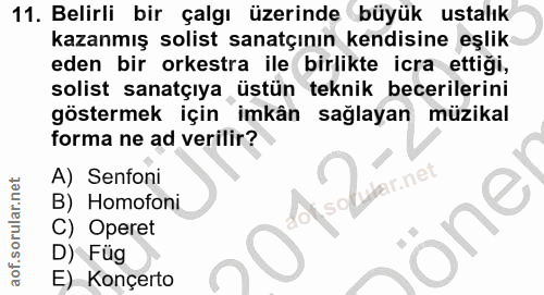11. soru: Belirli bir çalgı üzerinde büyük ustalık kazanmış solist sanatçının kendisine eşlik eden bir orkestra ile birlikte ic…