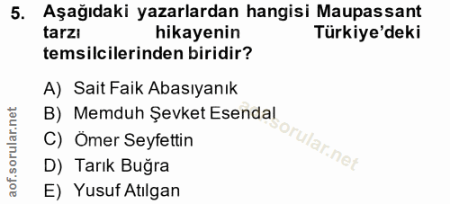 5. soru: Aşağıdaki yazarlardan hangisi Maupassant tarzi hikayenin Türkiye'deki temsilcilerinden biridir? A) Sait Faik Abasıyan…
