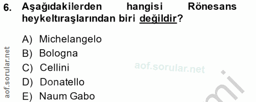 6. soru: Aşağıdakilerden hangisi Rönesans heykeltıraşlarından biri değildir? A) Michelangelo B) Bologna C) Cellini D) Donatell…