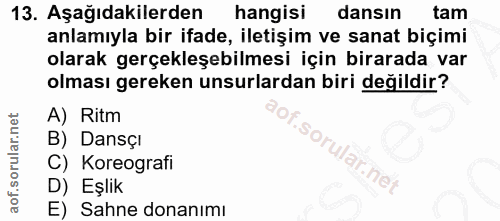 13. soru: Aşağıdakilerden hangisi dansın tam anlamıyla bir ifade, iletişim ve sanat biçimi olarak gerçekleşebilmesi için birara…