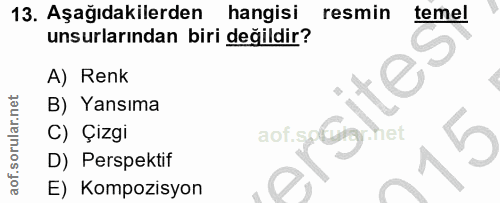 13. soru: Aşağıdakilerden hangisi resmin temel unsurlarından biri değildir? A) Renk B) Yansıma C) Çizgi aof. soGug.het D) Persp…