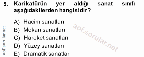 5. soru: Karikatürün yer aldığı sanat sinifı aşağıdakilerden hangisidir? A) Hacim sanatları B) Mekan sanatları C) Hareket sana…