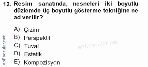 12. soru: Resim sanatinda, nesneleri iki boyutlu düzlemde üç boyutlu gösterme tekniğine ne ad verilir? A) Çizim B) Perspektif C…