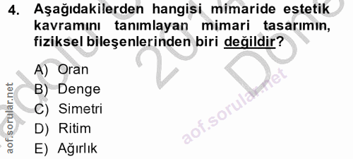 4. soru: Aşağıdakilerden hangisi mimaride estetik kavramını tanımlayan mimari tasarımın, fiziksel bileşenlerinden biri değildi…