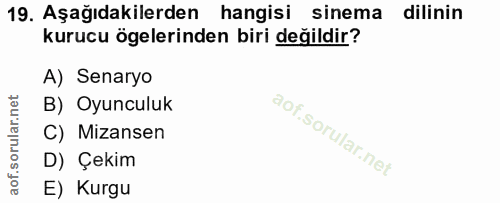 19. soru: Aşağıdakilerden hangisi sinema dilinin kurucu ögelerinden biri değildir? A) Senaryo B) Oyunculuk C) Mizansen D) Çekim…