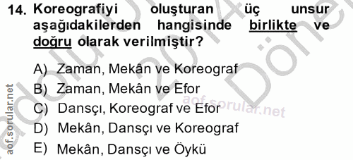 14. soru: Koreografiyi oluşturan üç unsur aşağıdakilerden hangisinde birlikte ve doğru olarak verilmiştir? A) Zaman, Mekân ve K…