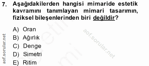 7. soru: Aşağıdakilerden hangisi mimaride estetik kavramını tanımlayan mimari tasarımın, fiziksel bileşenlerinden biri değildi…
