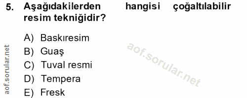 5. soru: Aşağıdakilerden hangisi çoğaltılabilir resim tekniğidir? A) Baskıresim B) Guaş C) Tuval resmi D) Tempera E) Fresk