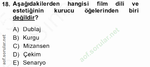 18. soru: Aşağıdakilerden hangisi film dili ve estetiğinin kurucu öğelerinden biri değildir? A) Dublaj B) Kurgu C) Mizansen D)…