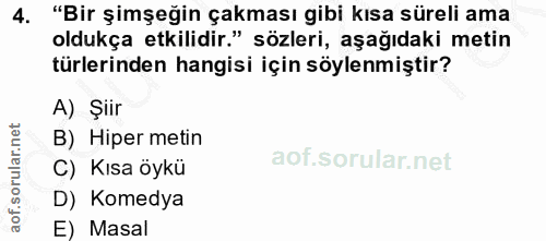 4. soru: "Bir şimşeğin çakması gibi kısa süreli ama oldukça etkilidir." sözleri, aşağıdaki metin türlerinden hangisi için söyl…