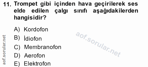 11. soru: Trompet gibi içinden hava geçirilerek ses elde edilen çalgı sınıfı aşağıdakilerden hangisidir? A) Kordofon B) İdiofon…