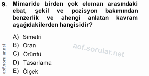 9. soru: Mimaride birden çok eleman arasındaki ebat, şekil ve pozisyon bakımından benzerlik ve ahengi anlatan kavram aşağıdaki…