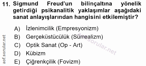 11. soru: Sigmund Freud'un bilinçaltına yönelik getirdiği psikanalitik yaklaşımlar aşağıdaki sanat anlayışlarından hangisini et…