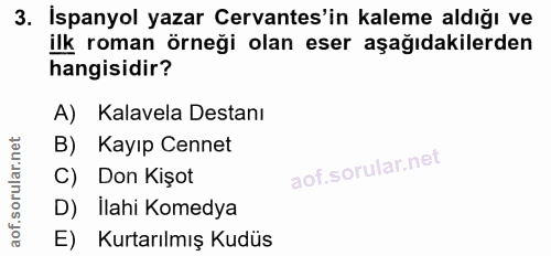 3. soru: İspanyol yazar Cervantes'in kaleme aldığı ve ilk roman örneği olan eser aşağıdakilerden hangisidir? A) Kalavela Desta…