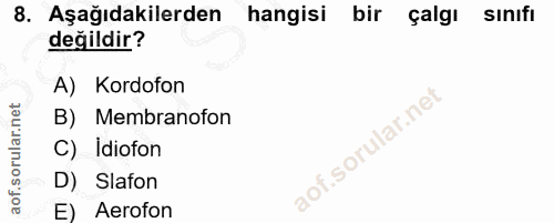 8. soru: Aşağıdakilerden hangisi bir çalgi sinifi değildir? A) Kordofon B) Membranofon of. C) Idiofon D) Slafon E) Aerofon